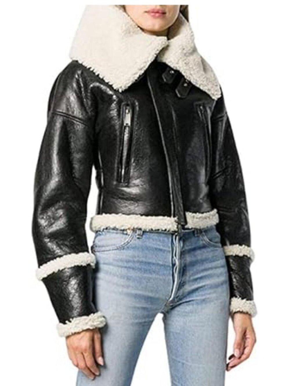 Womens's Short Black Fur Sheepskin Aviator Bomber leather Jacket